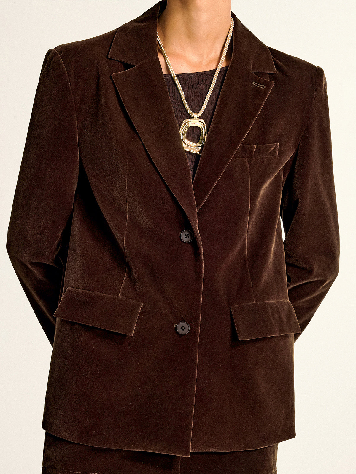 A dark brown velvet shawl collar blazer paired with a black shirt underneath.