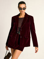 Elegant velvet shawl collar blazer from LA FINE FLEUR, tailored for formal or evening wear.