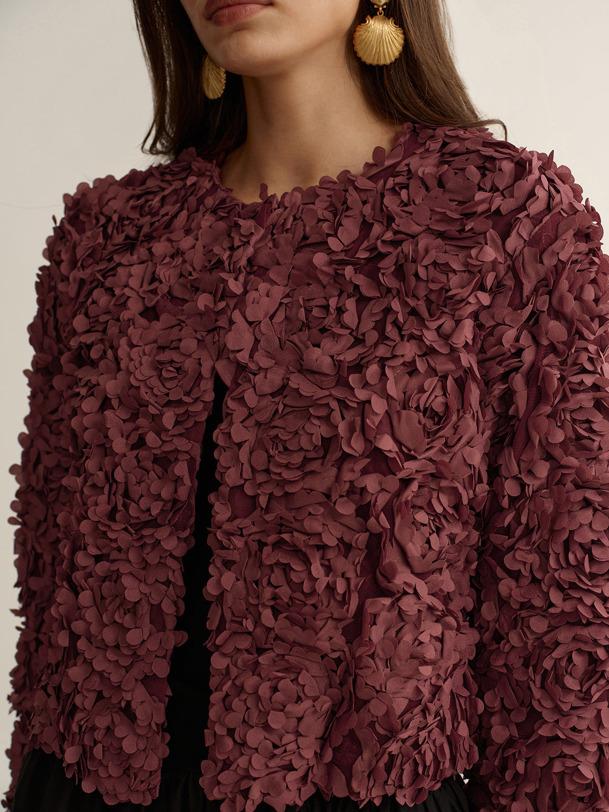 Embellished Floral Cropped Jacket with 3D Details