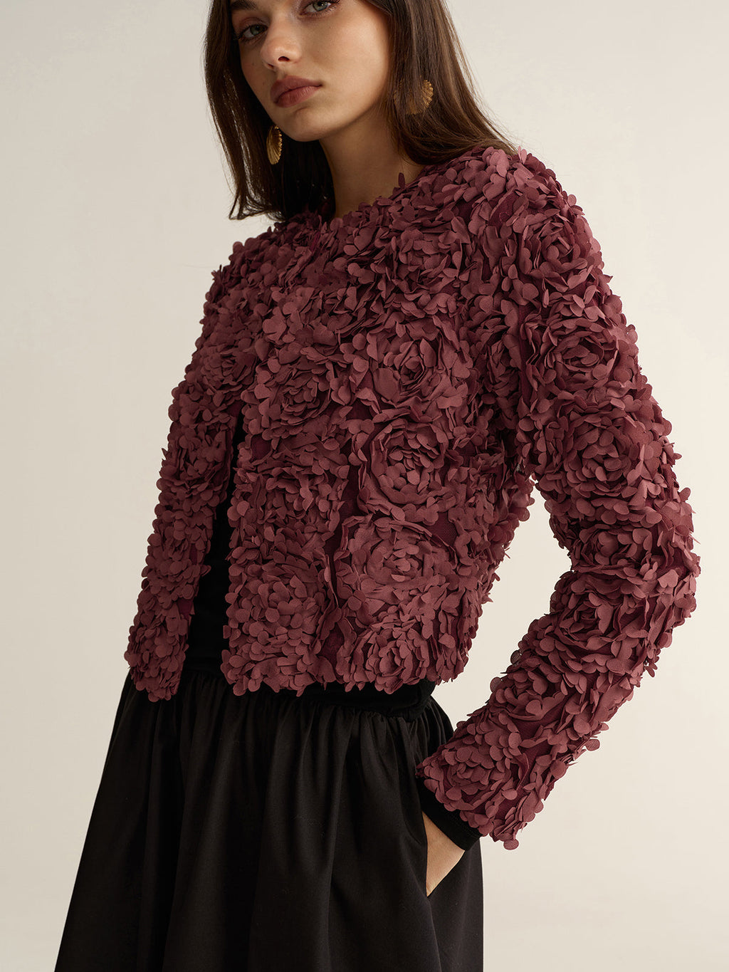 Embellished Floral Cropped Jacket with 3D Details