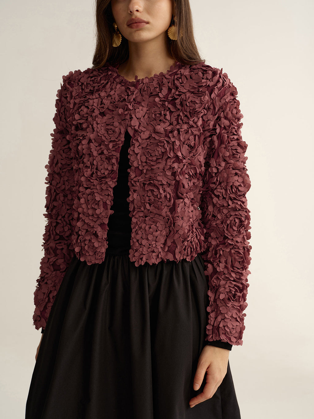 Embellished Floral Cropped Jacket with 3D Details