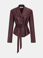 Faux Leather Jacket with Belt and Lapel Design
