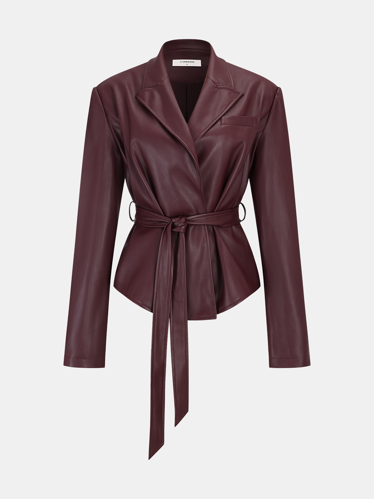 Faux Leather Jacket with Belt and Lapel Design