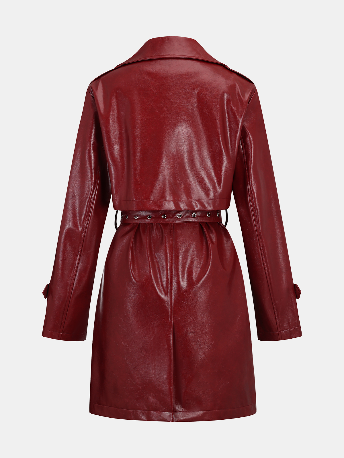A shiny dark red faux leather trench coat with long sleeves and a belted waist.