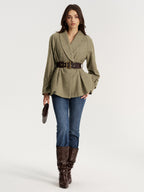 A LA FINE FLEUR shawl collar wool-blend belted blazer, blue jeans, dark brown knee-high boots.