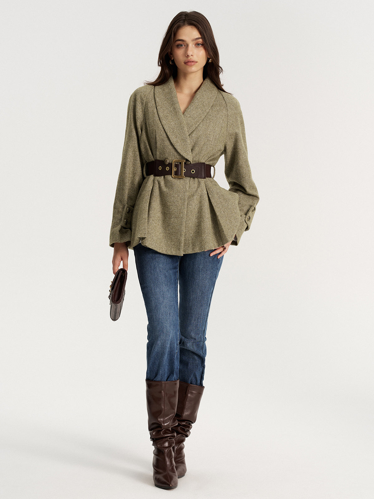 A LA FINE FLEUR shawl collar wool-blend belted blazer, blue jeans, dark brown knee-high boots.