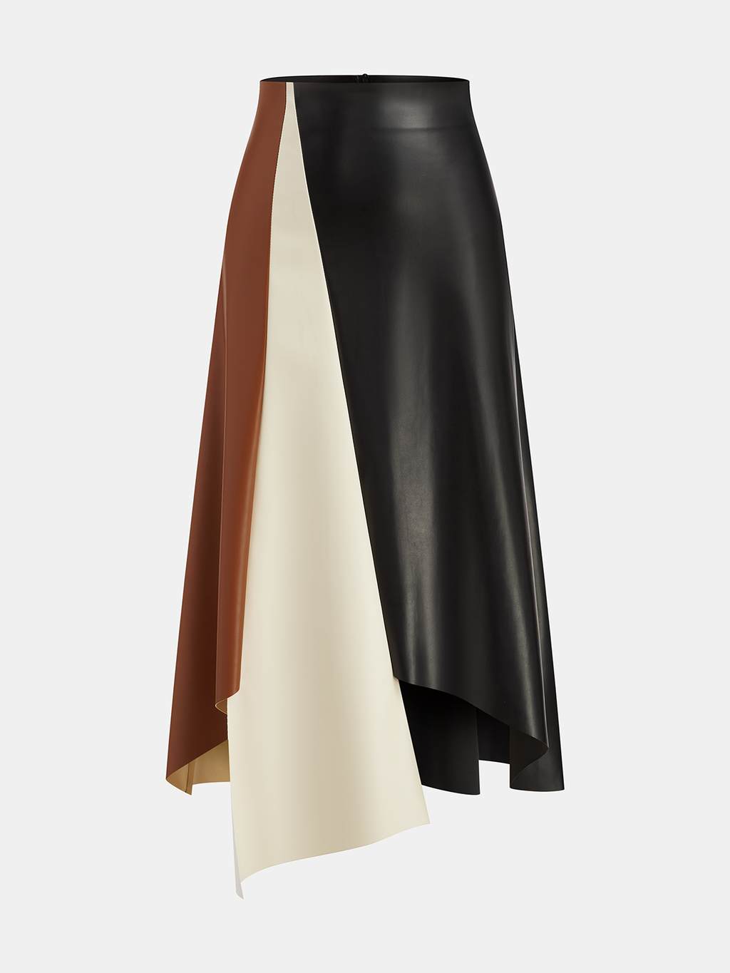 Asymmetric midi skirt with brown, cream, and black faux leather color block panels.