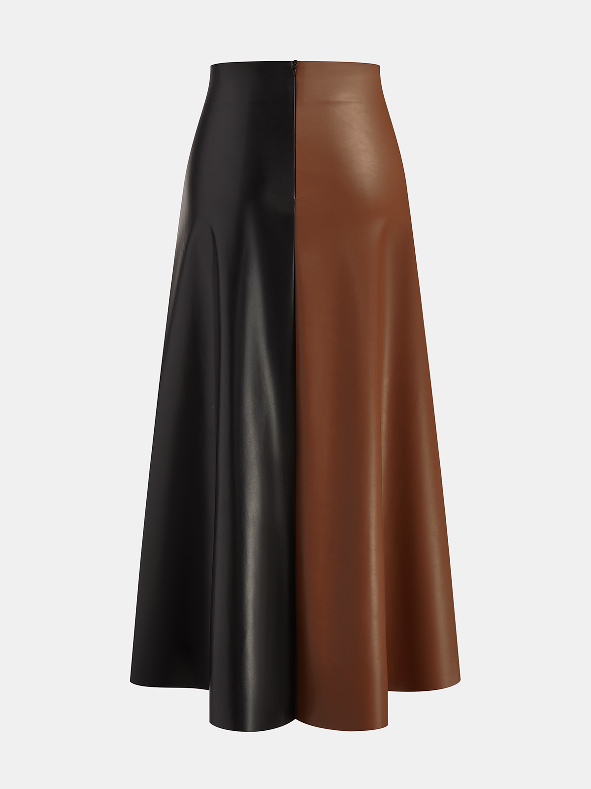 Asymmetric faux leather midi skirt with black and brown vertical panels, back zip closure.