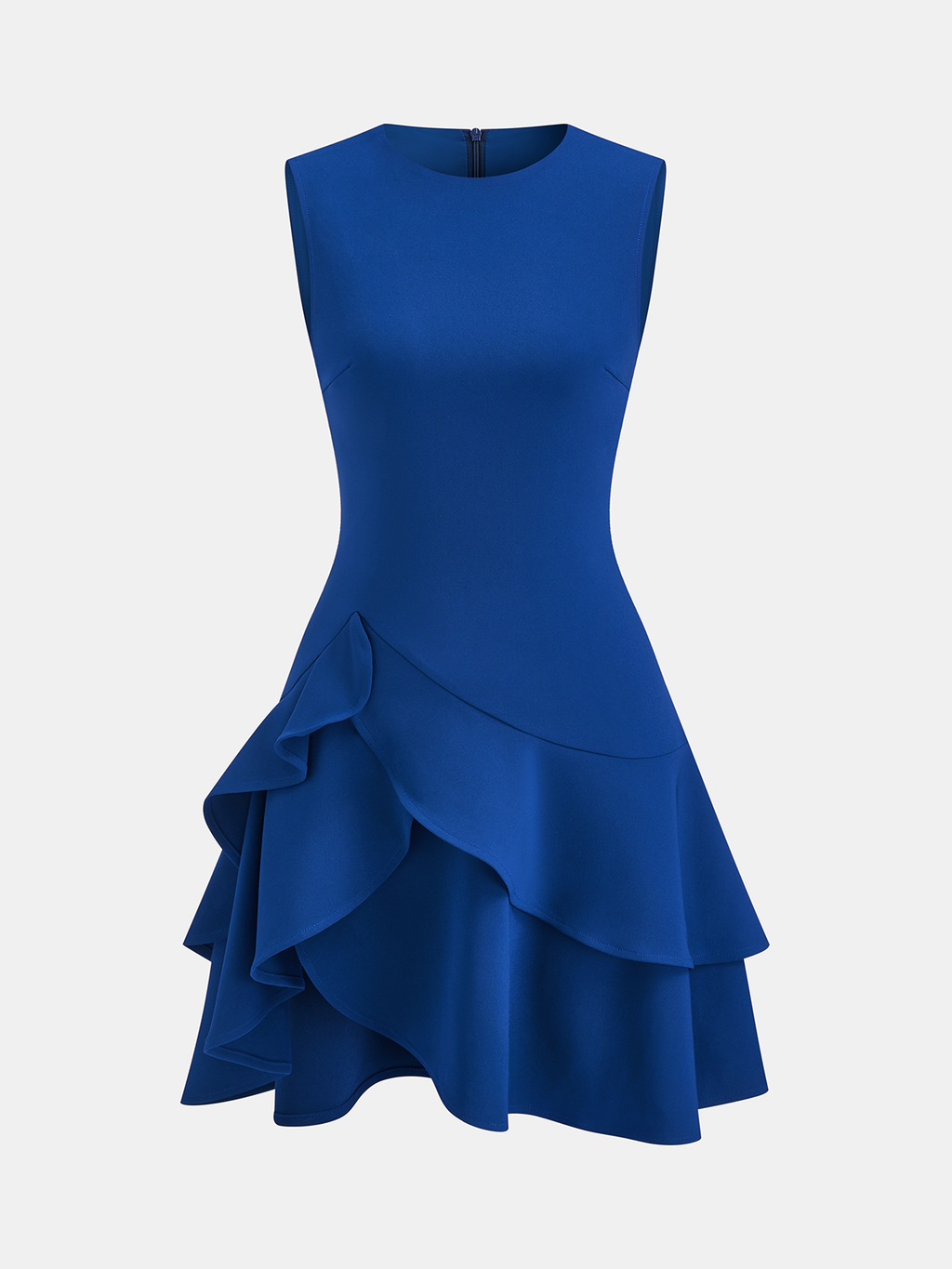 Sleeveless mini dress in royal blue with crew neck, zipper closure, and asymmetric ruffle hem.