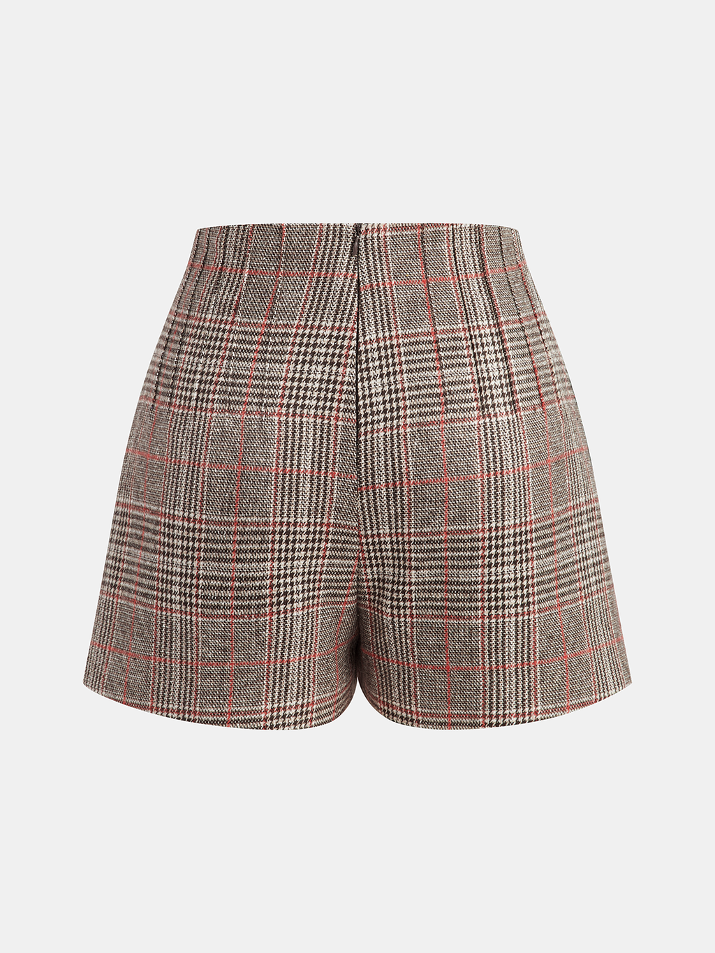 Gray plaid checkered tweed shorts with black and red lines, featuring belt loops.
