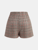 Gray plaid checkered tweed shorts with black and red lines, featuring belt loops.