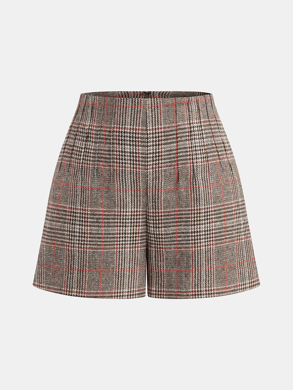 High-waisted tweed shorts with black, white, and red plaid, belt loops, and front pleats.