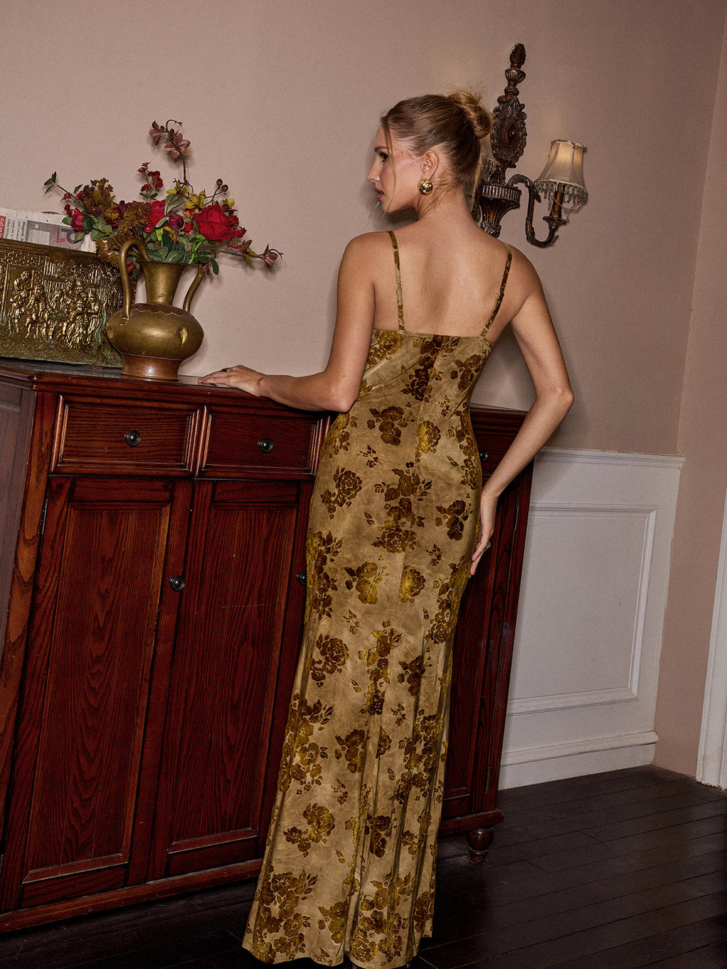 A floral jacquard pattern maxi dress with cami straps, elegant and softly detailed.