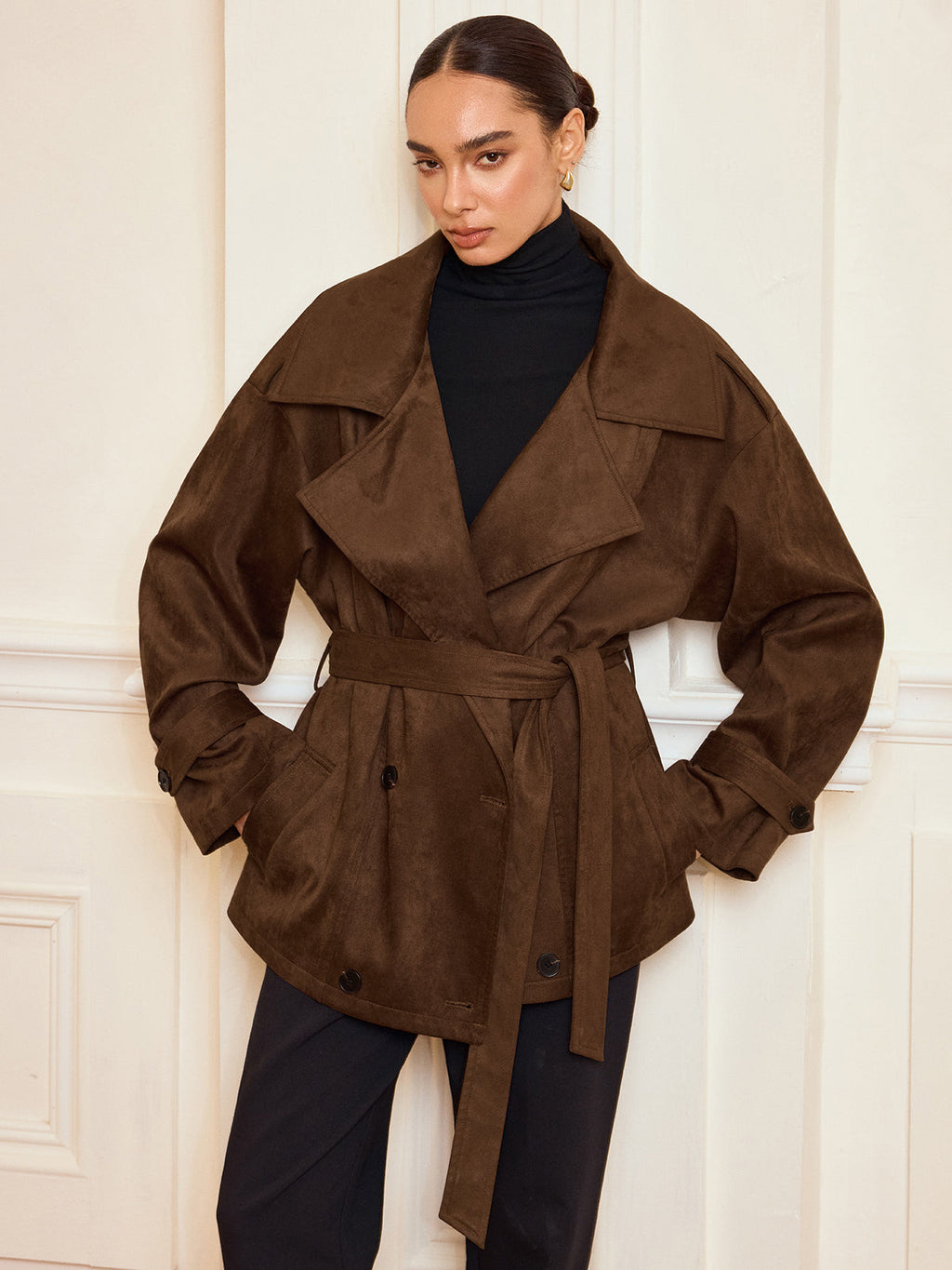 Suede-Like Trench Coat with Belt and Lapel