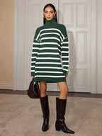A striped turtleneck sweater dress by LA FINE FLEUR with long sleeves.