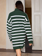 Green and white striped turtleneck sweater dress with long sleeves by LA FINE FLEUR.