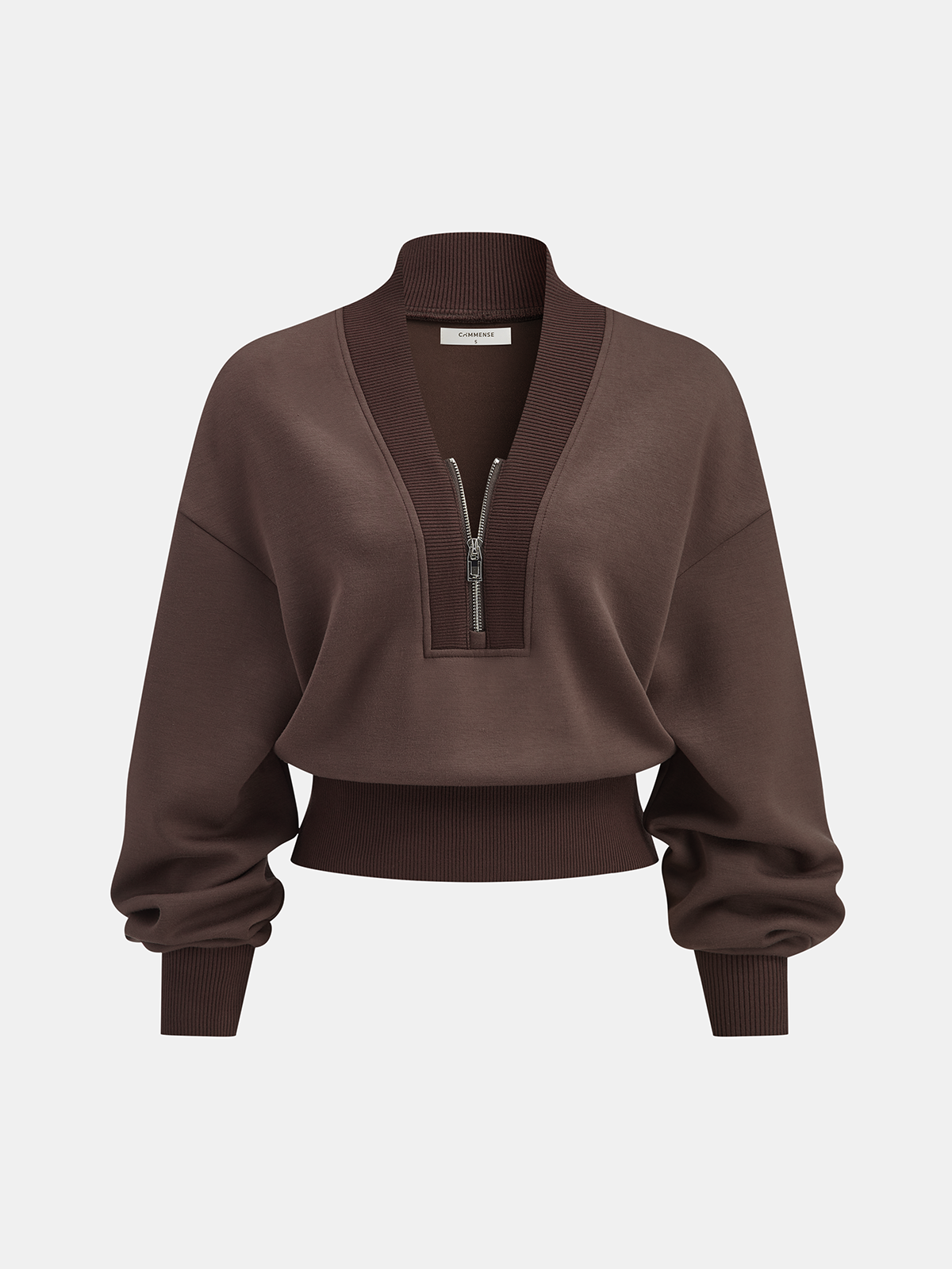 Brown cropped pullover sweatshirt with V-neck, half-zip front, ribbed cuffs and hem.