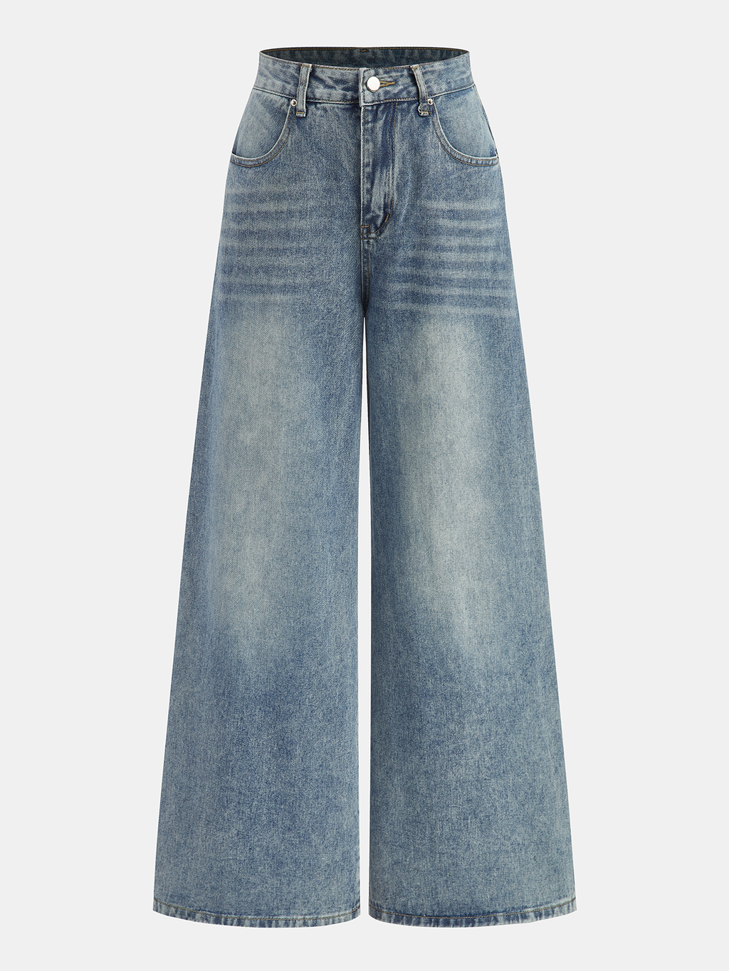 High-waist denim pants with wide legs, subtle fading, front closure, and two pockets.