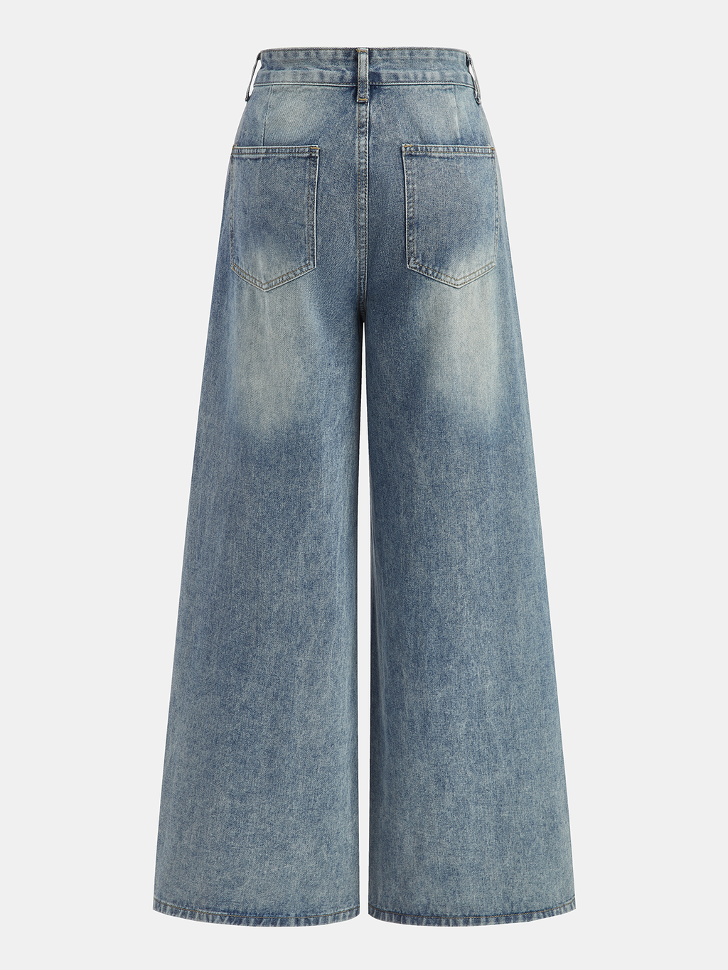 High-waist, wide-leg light-wash denim pants with large back pockets and subtle fading details.