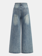 High-waist, wide-leg light-wash denim pants with large back pockets and subtle fading details.