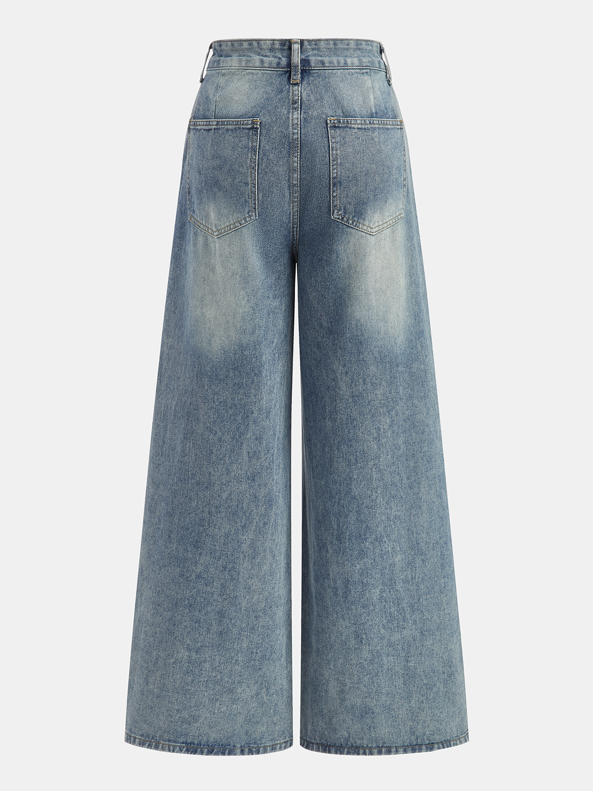 High-waist, wide-leg light-wash denim pants with large back pockets and subtle fading details.