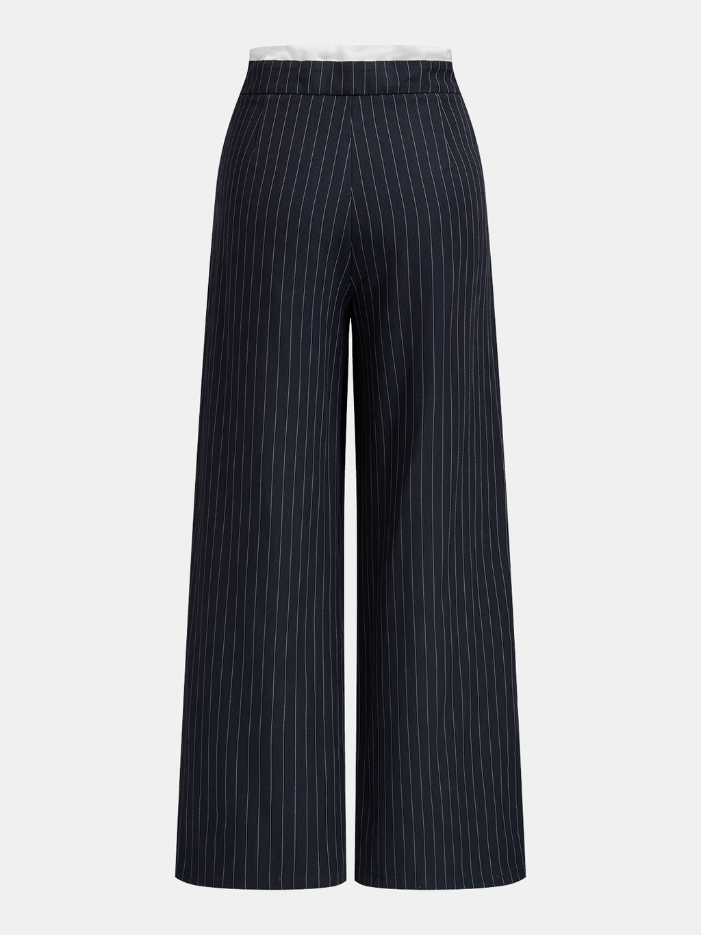 Wide leg trousers with navy pinstripes, crisp white waistband, and adjustable drawstring waist.