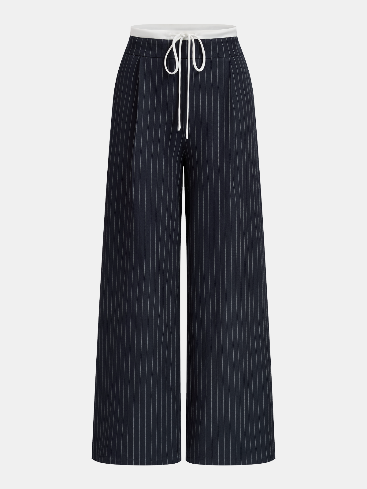 Striped wide leg trousers with white pinstripes, high-rise elastic waistband, and front drawstring.
