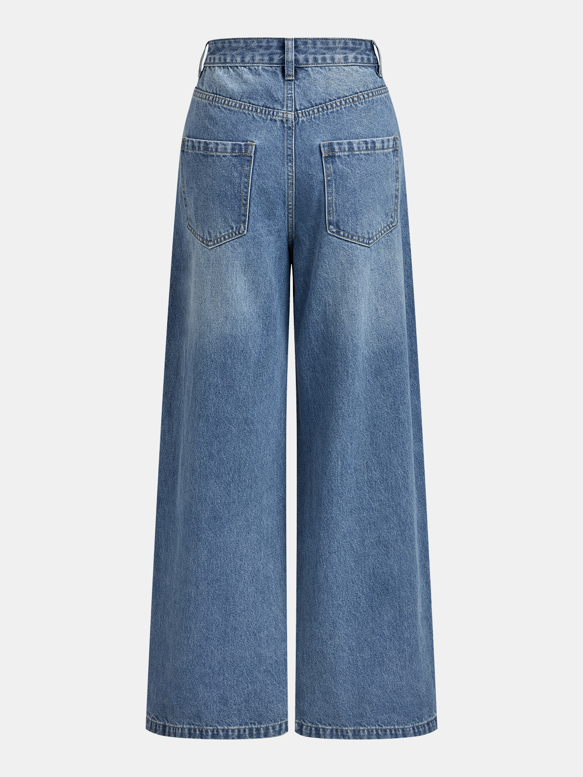 Light blue wide-leg jeans with mid-waist, asymmetric cut, back pockets, and distressed texture.
