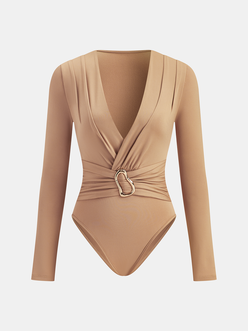 Tan fitted bodysuit with a deep V-neck, draped chest, long sleeves, and gold buckle.
