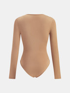 Tan long-sleeve Deep V-neck bodysuit with buckle, fitted silhouette, seamless smooth finish.
