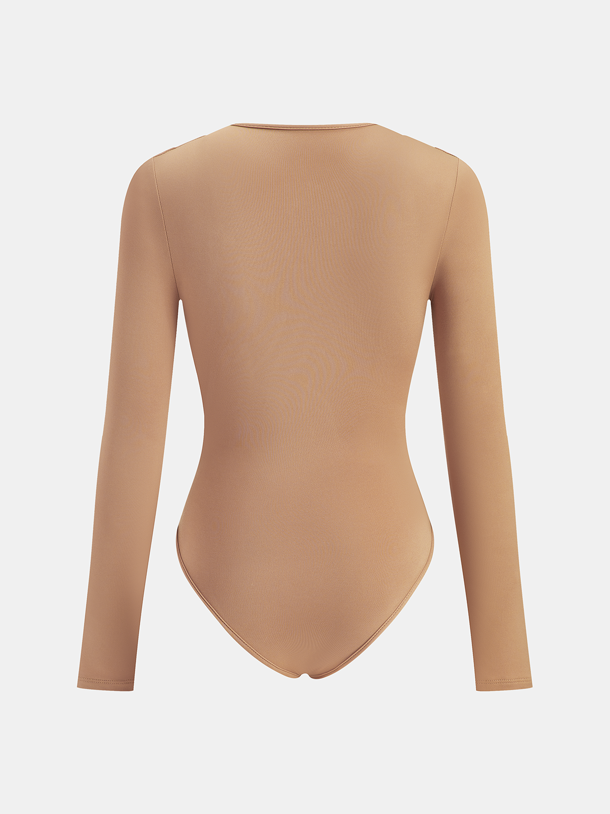 Tan long-sleeve Deep V-neck bodysuit with buckle, fitted silhouette, seamless smooth finish.