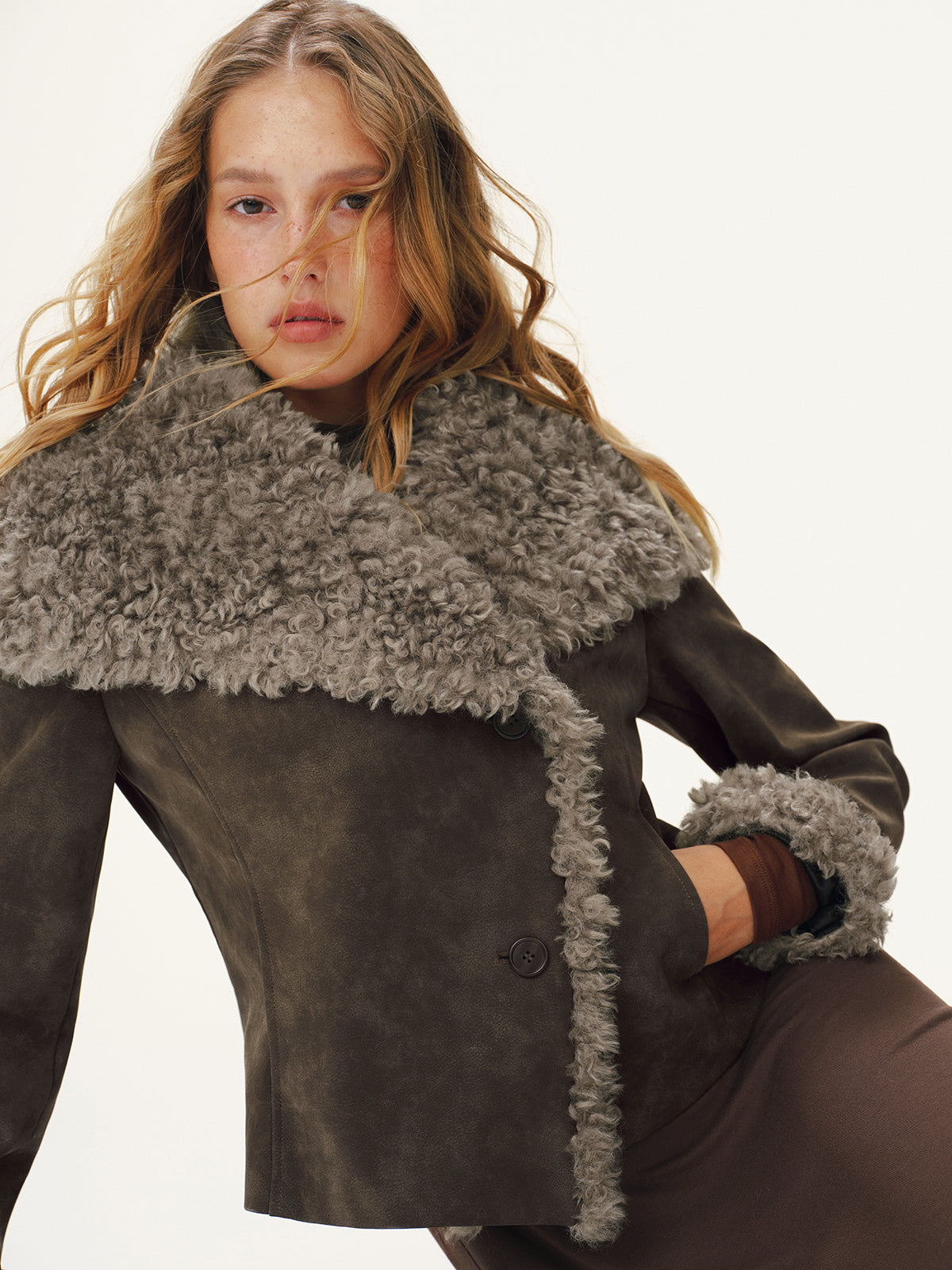 Short Suede Jacket with Shearling Collar