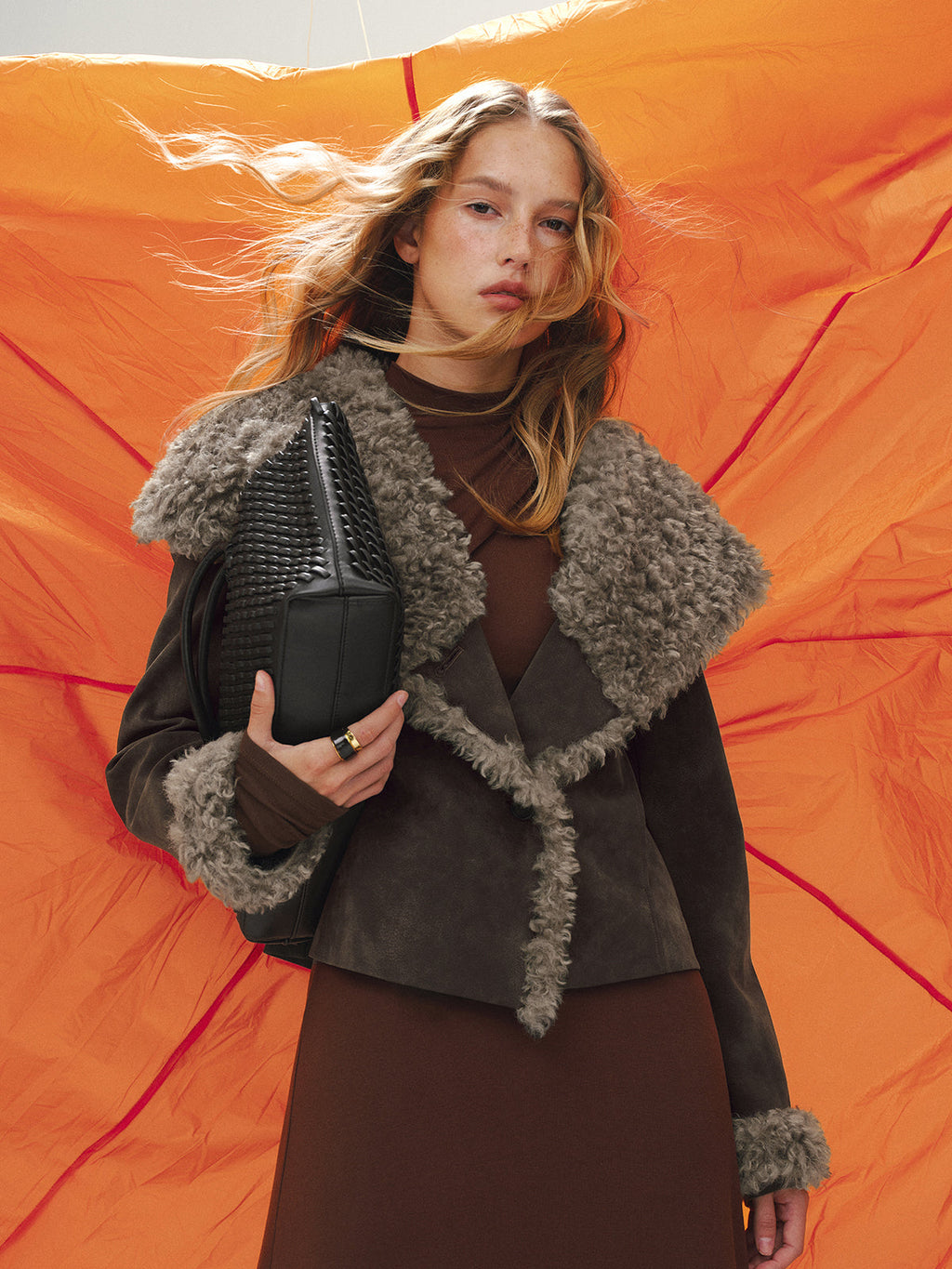 Short Suede Jacket with Shearling Collar
