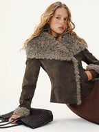 Short Suede Jacket with Shearling Collar