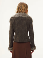 Short Suede Jacket with Shearling Collar