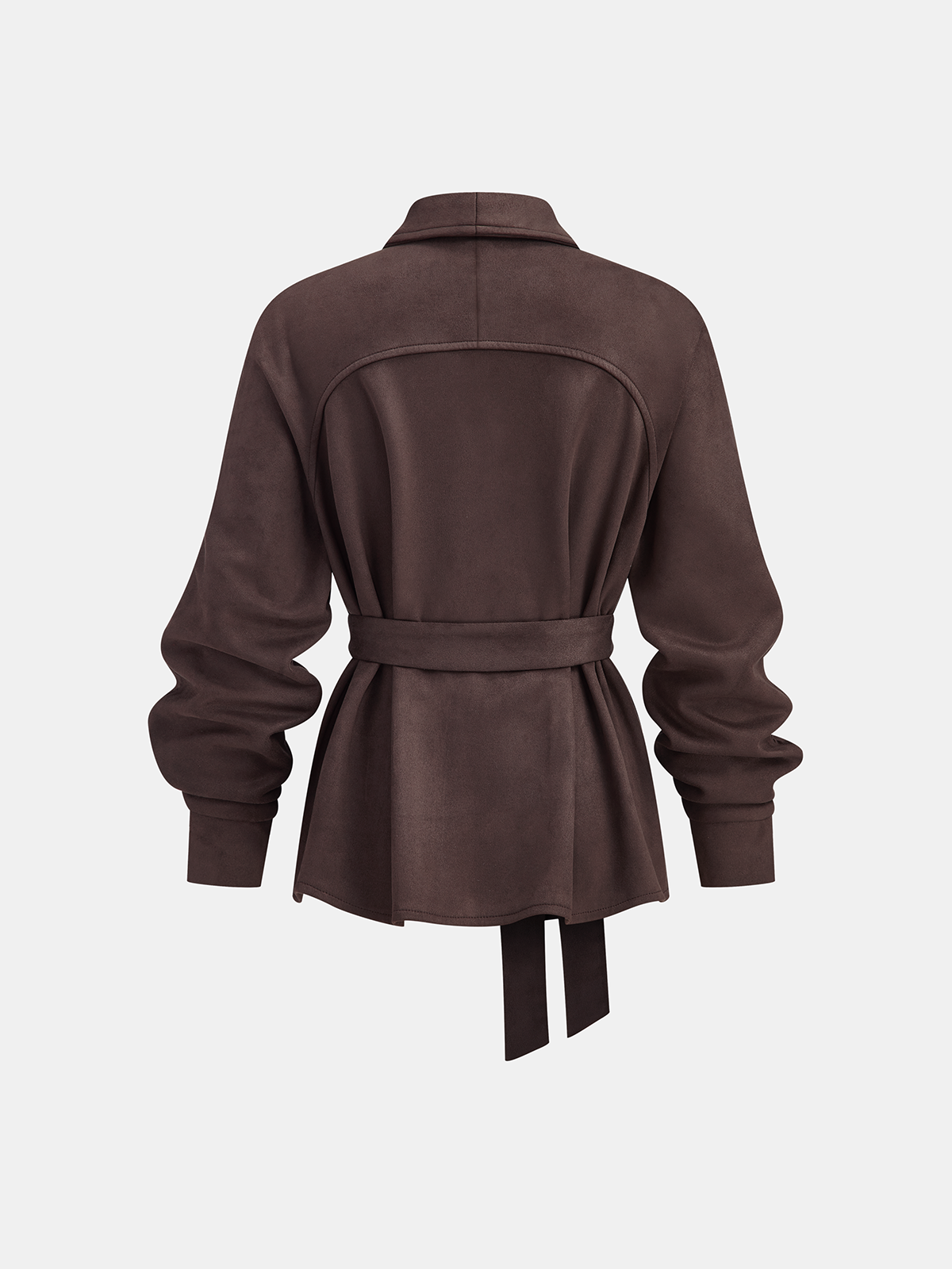 Dark brown suede jacket with shawl collar, belted waist, long sleeves, and loose fit.