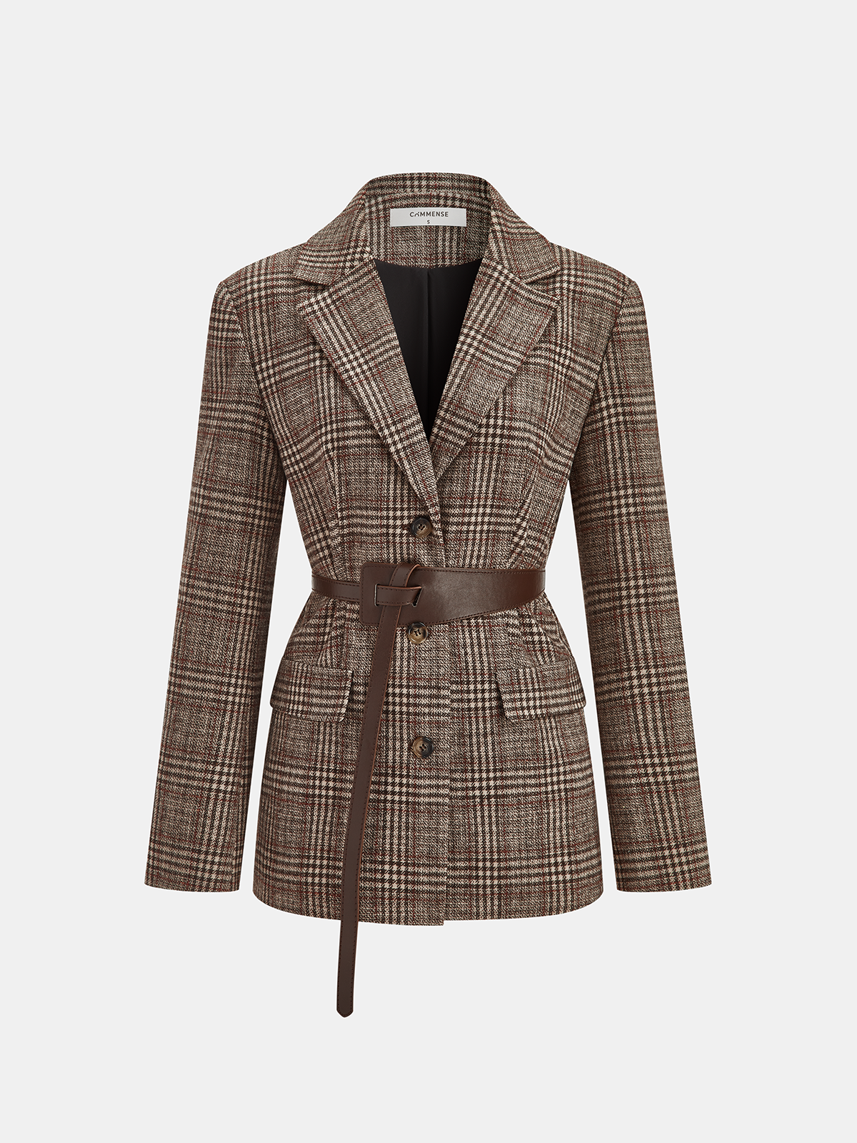 Belted Plaid Tweed Jacket with Stylish Detailing
