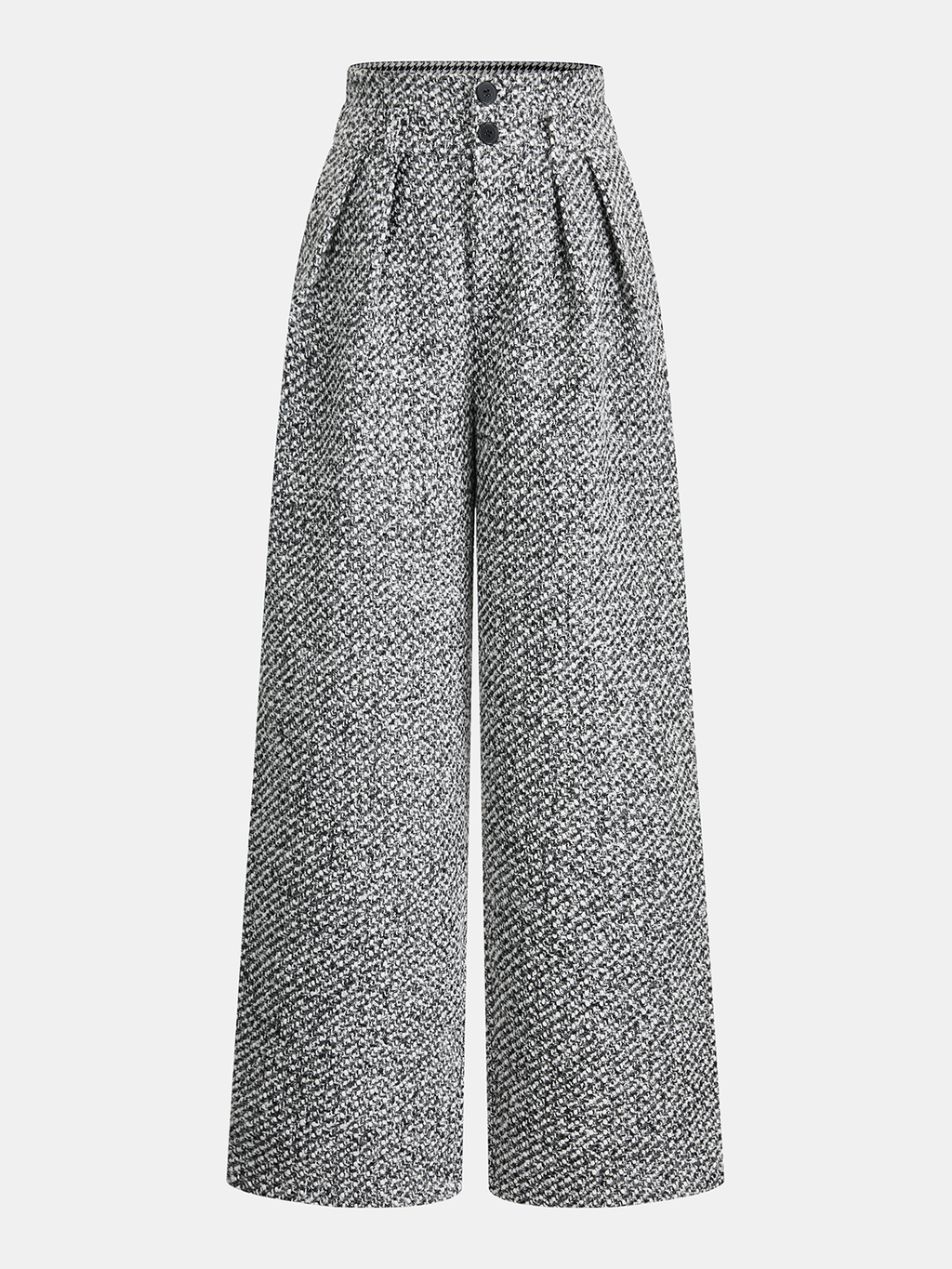 Gray and white tweed trousers with high waist, double waistband, front pleats, and wide legs.