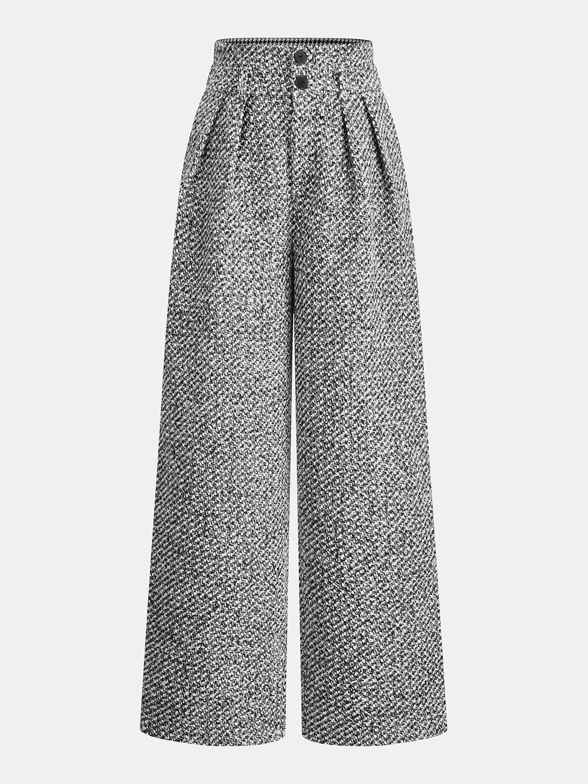 Gray and white tweed trousers with high waist, double waistband, front pleats, and wide legs.