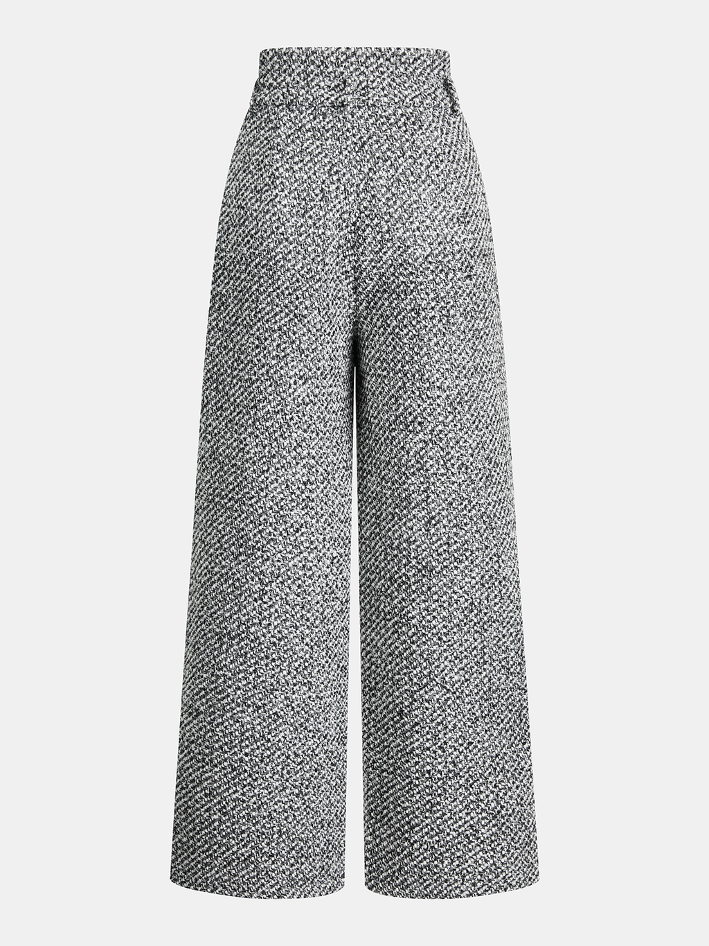 Gray wide-leg, high-waisted wool-blend tweed trousers with a double waistband and herringbone pattern.