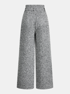 Gray wide-leg, high-waisted wool-blend tweed trousers with a double waistband and herringbone pattern.