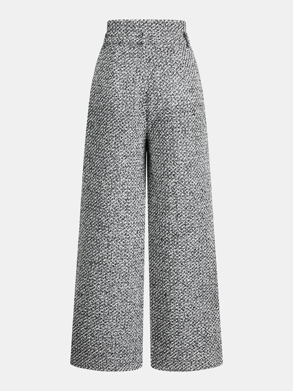 Gray wide-leg, high-waisted wool-blend tweed trousers with a double waistband and herringbone pattern.