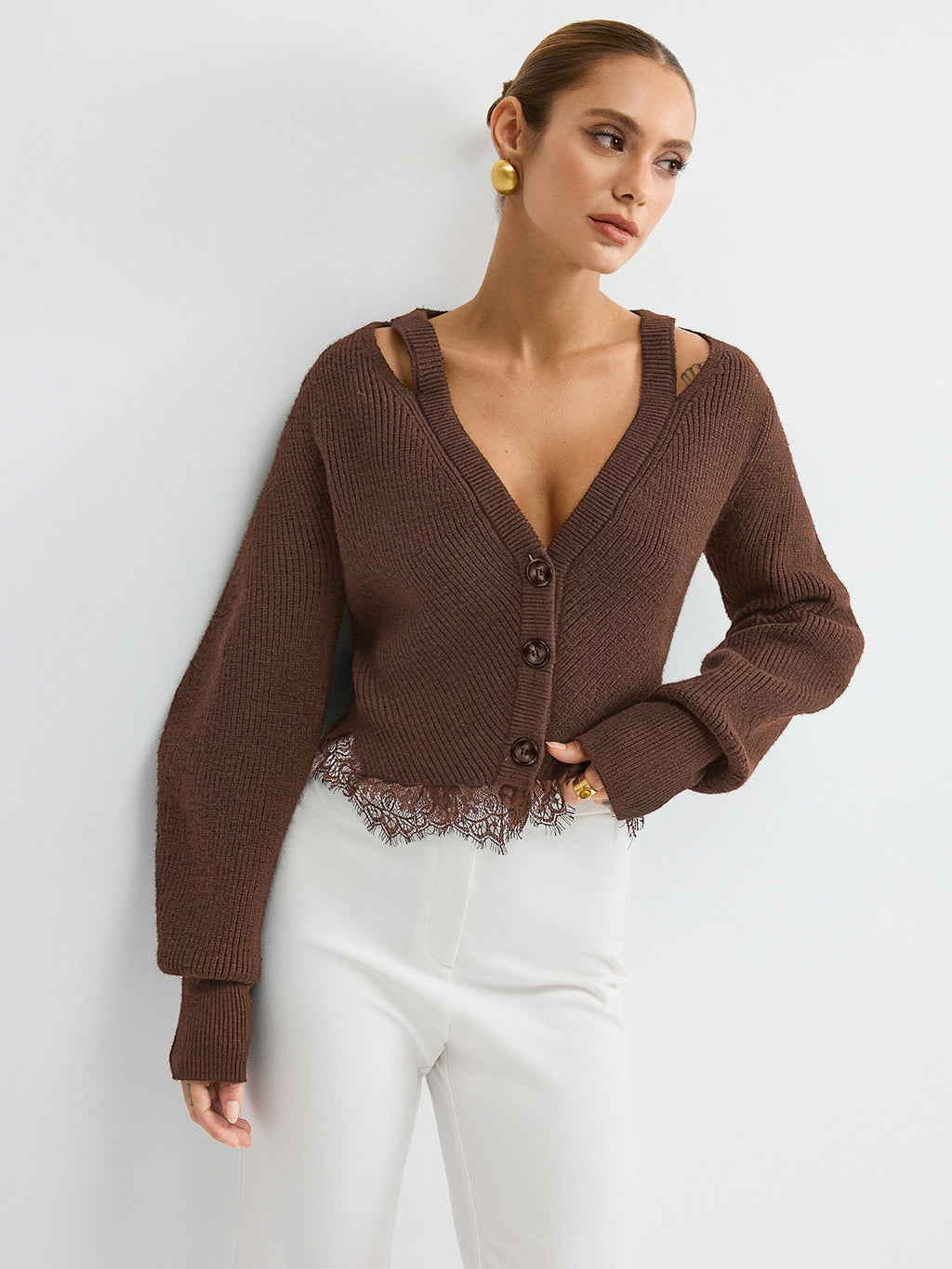 Wool Blend Cardigan Featuring Lace Hem Detail