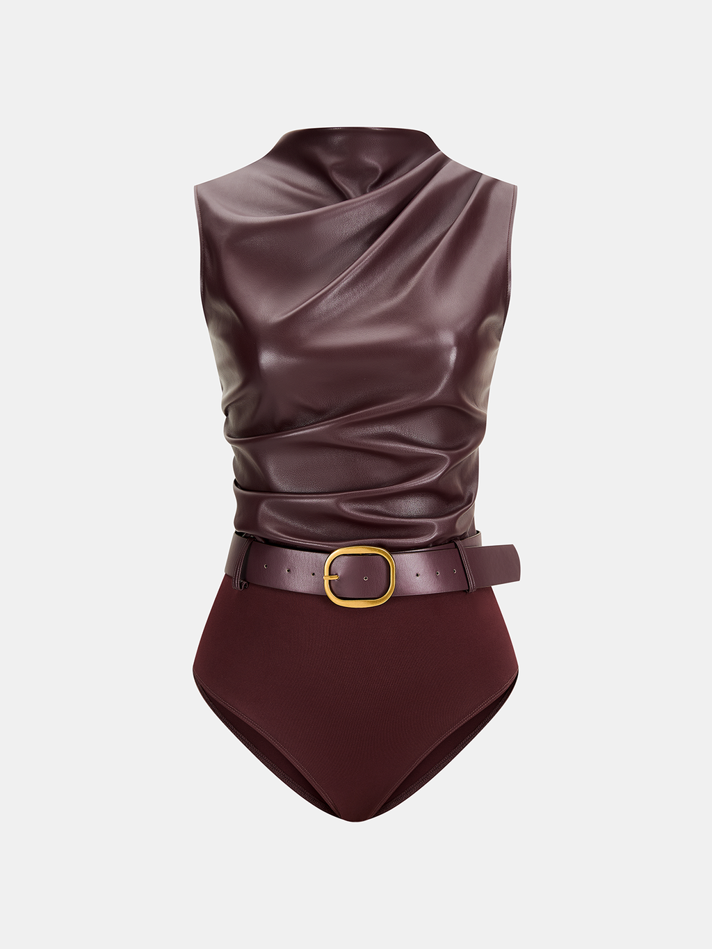 Burgundy faux leather bodysuit with ruched details, draped neckline, and gold-buckle belt.