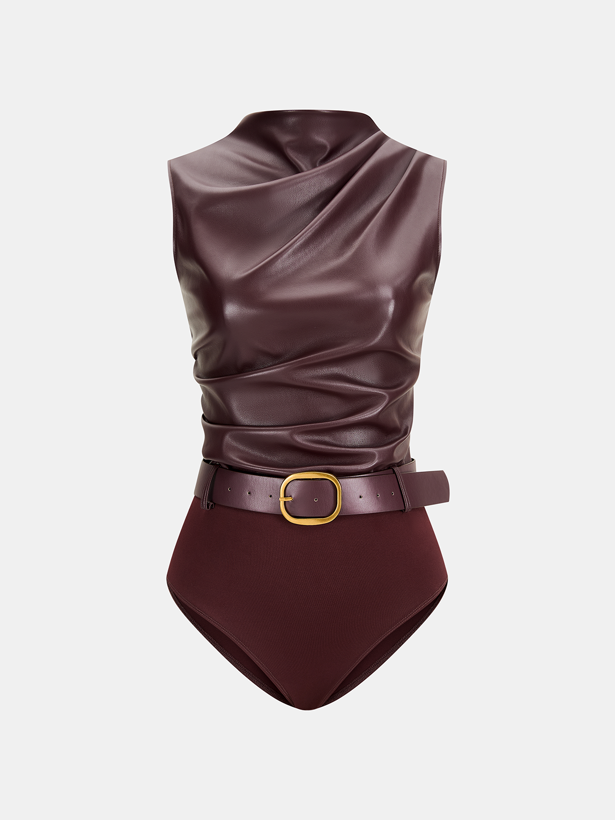 Burgundy faux leather bodysuit with ruched details, draped neckline, and gold-buckle belt.