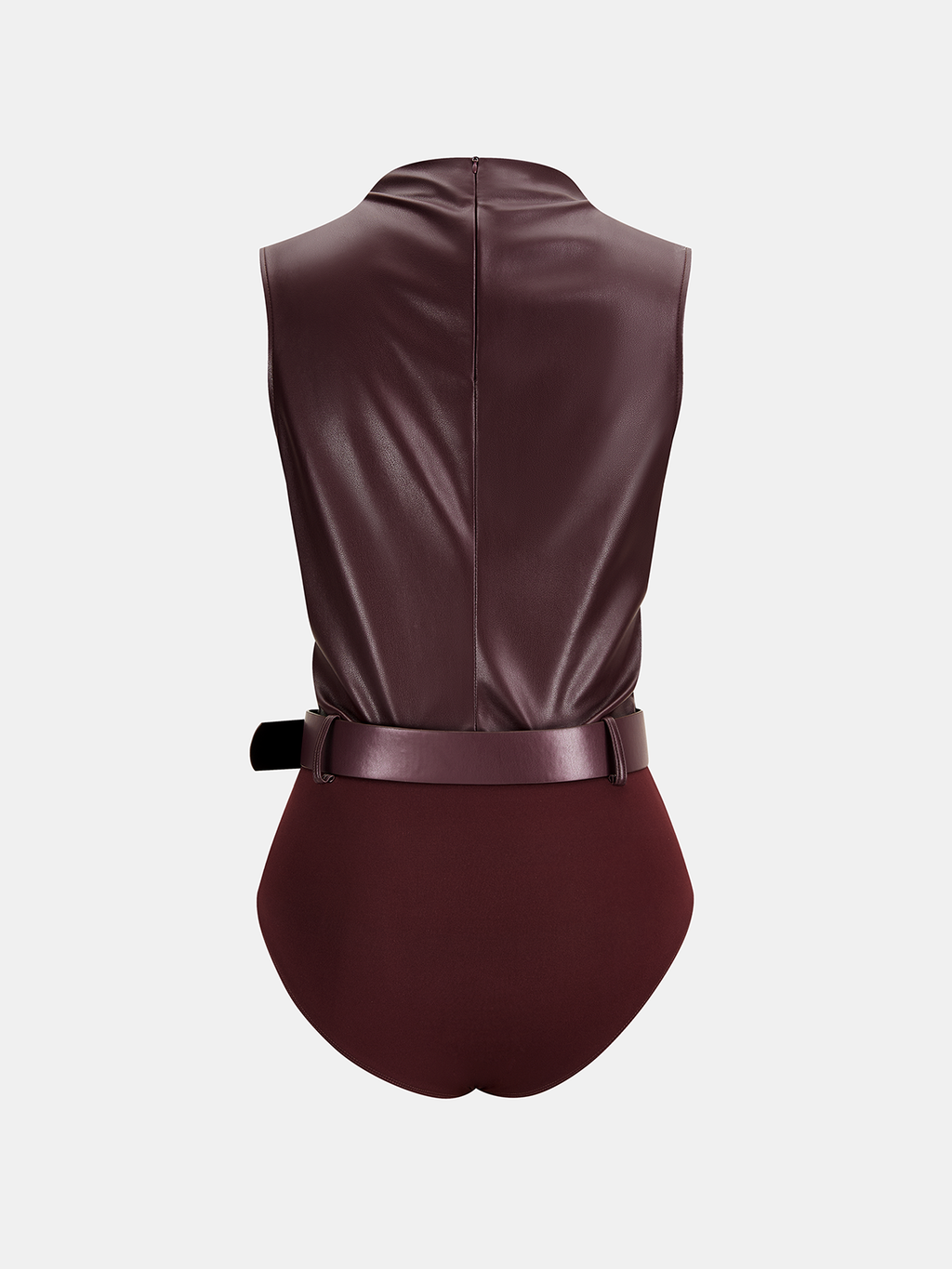Sleeveless ruched faux leather bodysuit with visible back seam and matching waist belt.