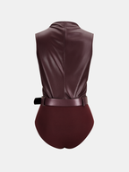 Sleeveless ruched faux leather bodysuit with visible back seam and matching waist belt.