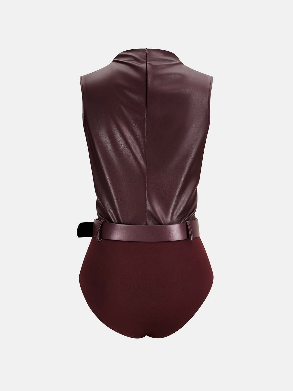 Sleeveless ruched faux leather bodysuit with visible back seam and matching waist belt.
