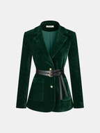 Velvet Blazer Featuring Metal Buttons and Cinched Waist