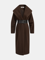 Wide-Collared Tweed Coat with Oversized Belt